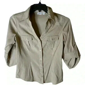 Cato Blouse Women's Size Small Button Front Pockets Rolled Up Sleeves Top